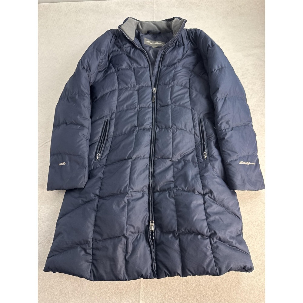 Eddie Bauer EB650 Down Coat Women's Small Navy Long Puffer Jacket Quilted Warm